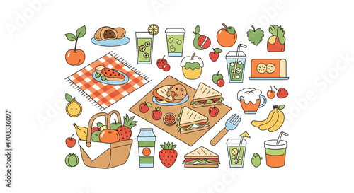 Picnic Food and Drink Illustration - Sandwiches, Fruits, Juices, and Basket.
