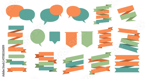 Vector set of colorful speech bubbles and folded ribbon banners in a simple, flat design style.