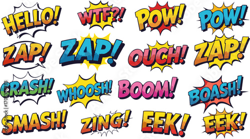 Vibrant collection of dynamic comic book style sound effects and pop art exclamations, isolated on white, perfect for graphic design projects and adding energetic visual impact