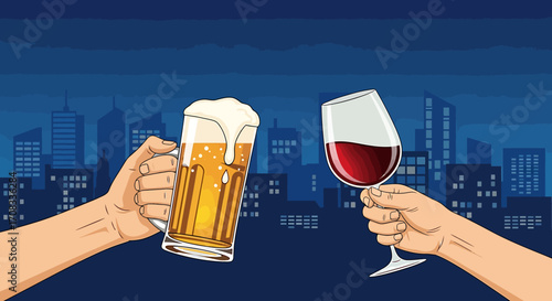 Beer and Wine Toast - Hands Holding Glassware with Alcoholic Beverages.