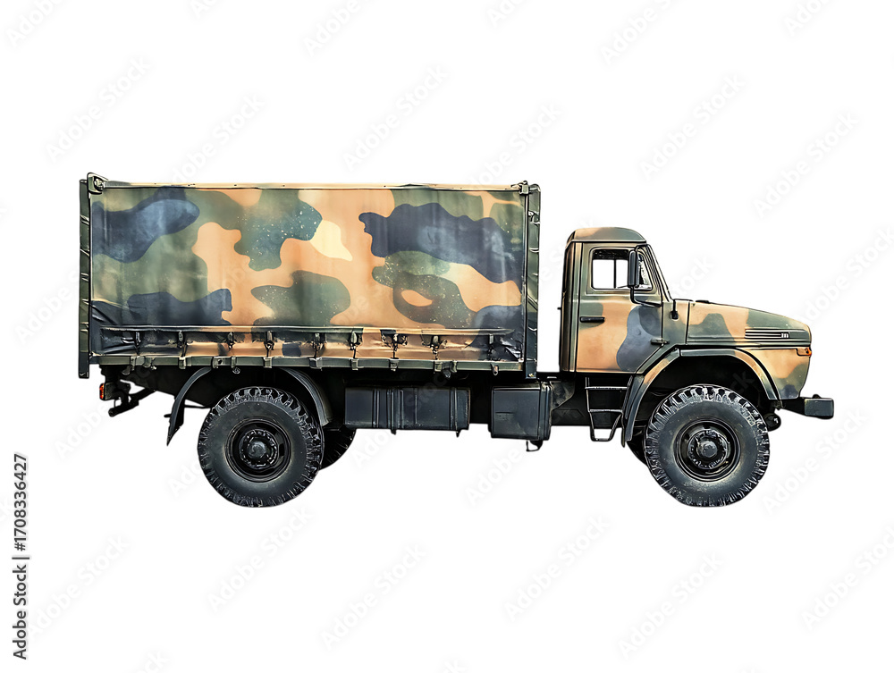 Obraz premium Camouflaged military truck isolated on transparent background