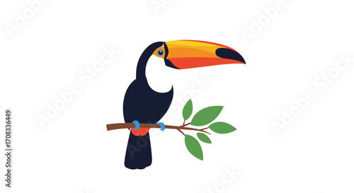 Toucan Bird Perched on a Branch with Green Leaves.