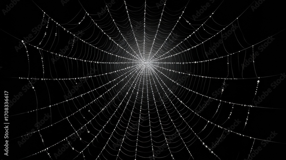 Fototapeta premium A close-up view of a spider web glistening with dew against a dark background, showcasing intricate patterns and textures.