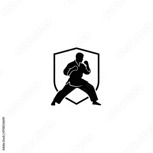 Karate Stance Silhouette in Shield Emblem