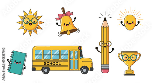 Cute cartoon school bus and school supplies with happy faces.