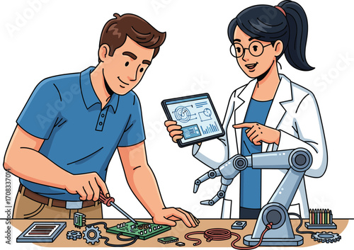 Engineers developing robotic arm, analyzing circuit board, discussing performance using tablet, futuristic technology
