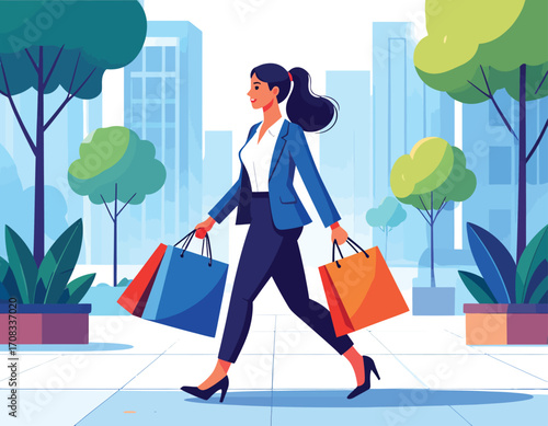 Stylish Businesswoman Walking with Shopping Bags in City.