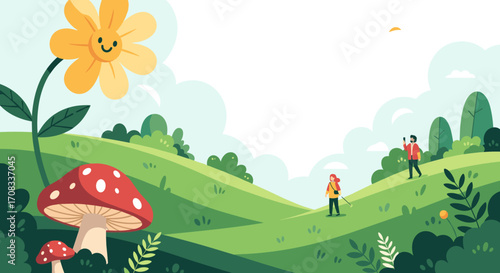 Whimsical Spring Landscape with Giant Flower and Hikers.