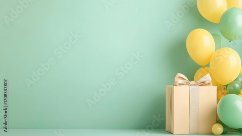 Soft Pastel Yellow Baby Shower Theme with Balloons and Gift Box on Elegant Background