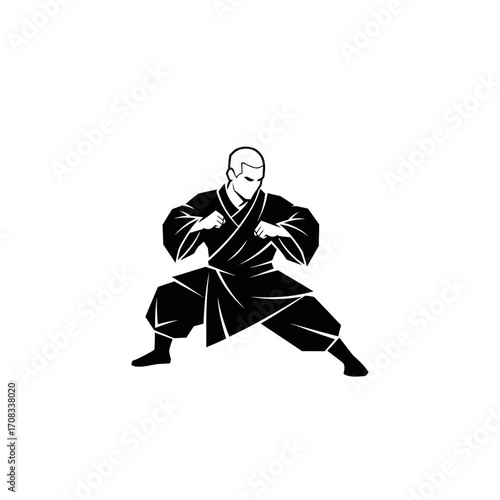 Stylized Shaolin Monk in Fighting Stance, Black and White Illustration