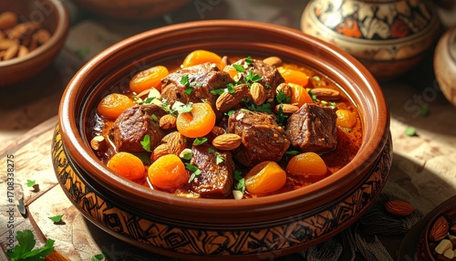 Eine traditionelle Tajine mit zarten Lammstücken, Aprikosen, Mandeln und orientalischen Gewürzen