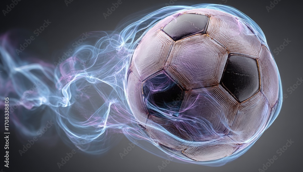 Naklejka premium A worn soccer ball, seemingly made of smoke and light, streaks across a dark gray background, leaving a luminous trail in its wake