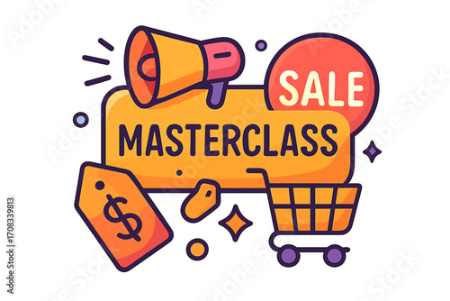 Colorful masterclass sale graphic with megaphone and shopping cart