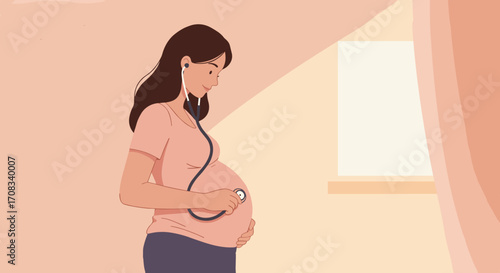 Pregnant woman listening to fetal heartbeat with stethoscope indoors  
