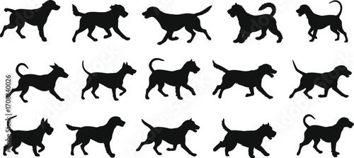 Dog silhouettes collection, running pet vector illustration, domestic animal black graphic icons, playful puppies walking, canine shapes for design, pets, animals, artwork, vector