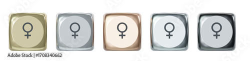 Set of metal cubes with symbol female, isolated on transparent background. Cubes in gold, silver, bronze, iron, and titanium representing status or level. 3D illustration.
