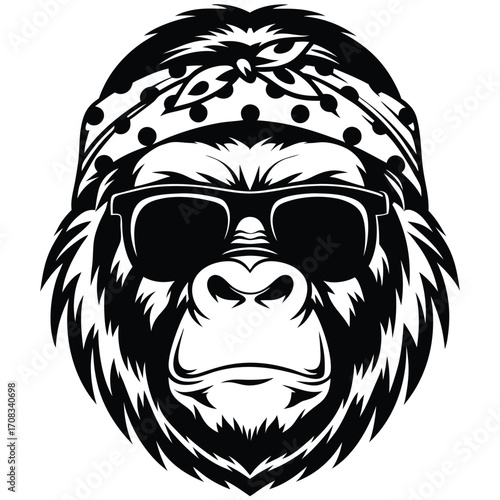 Monochrome gorilla boss wears a bandana and sunglasses with a tough serious expression