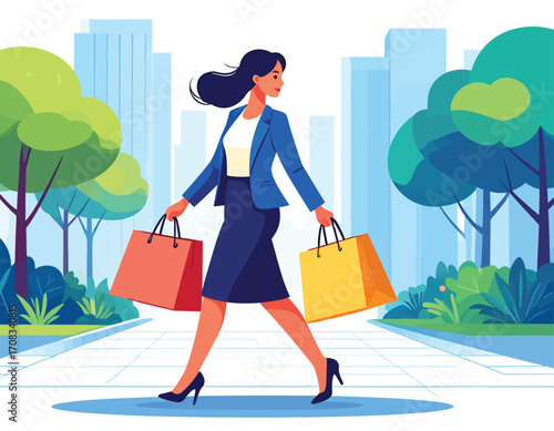 Stylish Woman Walking with Shopping Bags in Urban Park.
