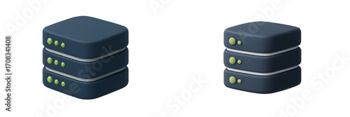 Three stacked server racks with active green indicator lights on white background