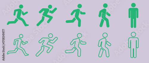 Man stands, walk and run icon set. People symbol. Person standing, walking and running illustration. Run, walk, stand. Vector illustration