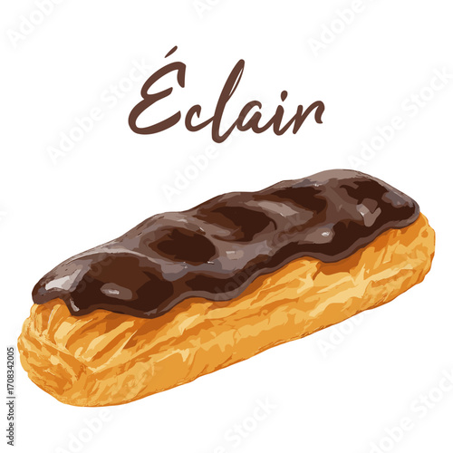 eclair in watercolor illustration style, isolated vector on white background