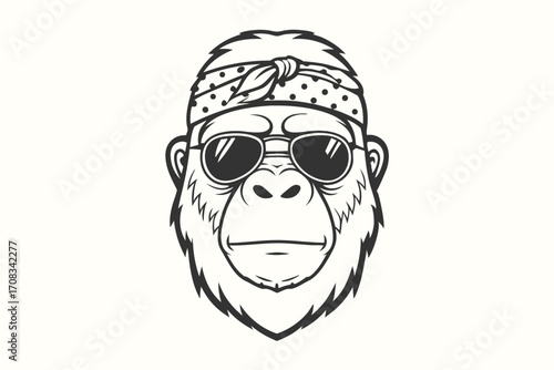 Monkey head displaying bandana and sunglasses shows the detailed outline of its fur and features