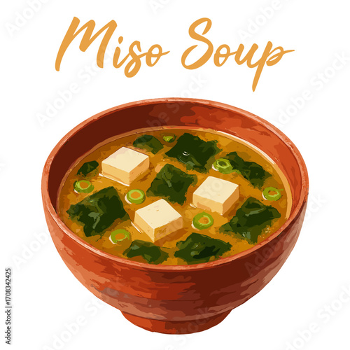 miso soup in watercolor illustration style, isolated vector on white background