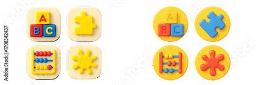 Colorful educational toys and learning game elements for children