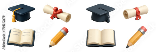 Graduation symbols: caps, diplomas, books, and pencils in stylized 3D