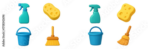 Cleaning supplies: spray bottles, sponges, buckets, brooms