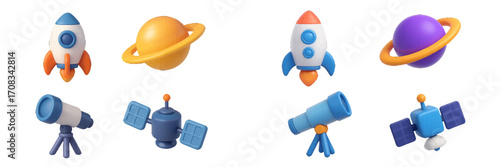 Cartoon space objects with rockets, planets, and satellites