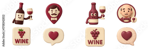 Wine bottle, grapes, and waiter icons for beverage and celebration themes