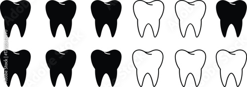 Tooth silhouettes and outline icons collection, dental health vector illustration, oral care graphic elements, black and white design, dentistry, hygiene, medical, symbol, template