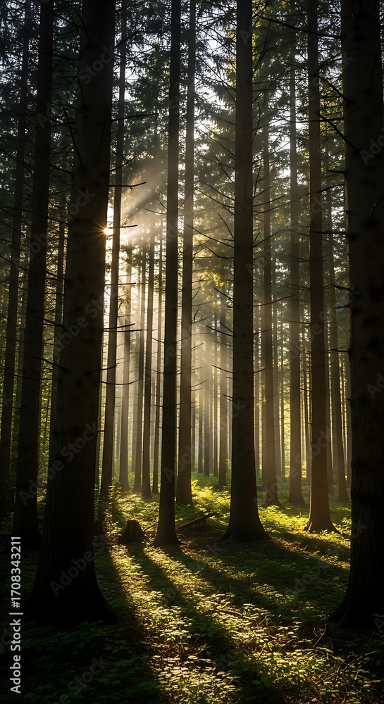 Obraz premium Sunbeams pierce through a dense forest, casting dramatic shadows on the mossy forest floor.