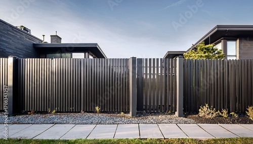 matte black steel fence with vertical slats around minimalist urban townhouse with concrete path