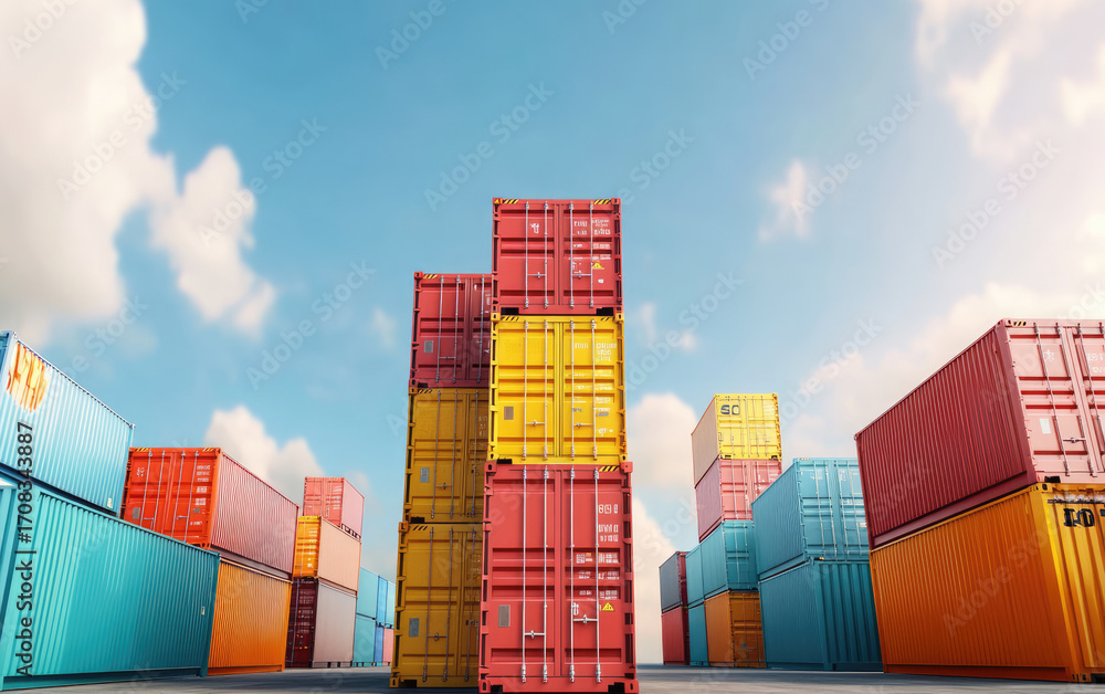 Fototapeta premium Colorful shipping containers stacked in port against blue sky. vibrant colors create striking visual, industrial environment of cargo transport
