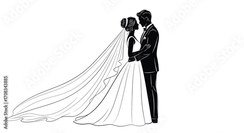 Silhouette of a bride and groom embracing, , a romantic wedding illustration for invitations