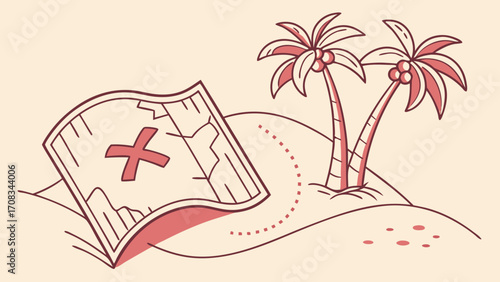 Treasure map with X mark and palm trees on a desert island.