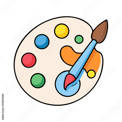 Painters palette with paintbrush and colorful paints.