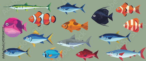 Geometric Fish Collection – Tuna, Shark, Clownfish, Tropical and Reef Fish Vector Illustration