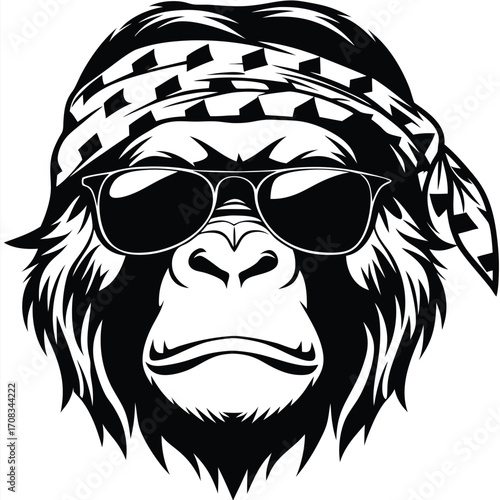 Monochrome gorilla with sunglasses and bandana exudes a cool, relaxed demeanor in vector