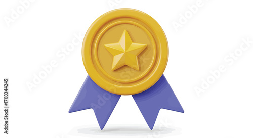 A shiny gold medal with a star and blue ribbon, , a symbol of achievement