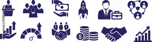 Business icons set, representing various aspects of commerce and teamwork. Business icons like team, growth, and financial exchange.