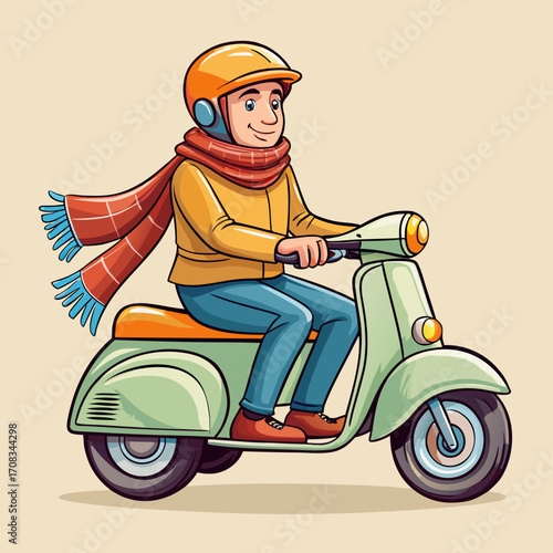 Cartoon Man Riding Scooter with Helmet and Scarf.