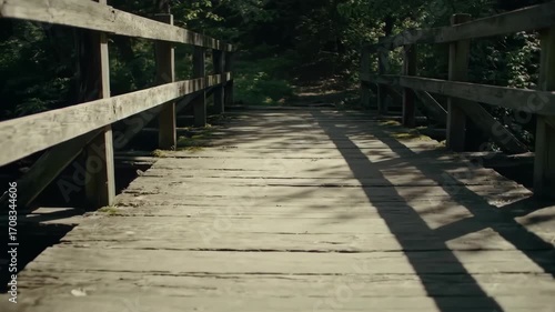 Wooden Bridge Through Forest Peaceful Scene with Sunlit Shadows