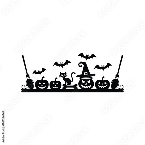 Halloween Silhouette with Pumpkins, Witch Hat, Black Cat, Bats, and Broomsticks