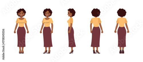 Business woman front, side and back view wear yellow shirt and long purple skirt, brown curly hair character vector illustration design set.