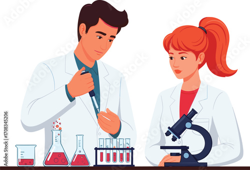 Young scientists working in laboratory, using pipette and microscope, analyzing samples, chemical research in progress, teamwork