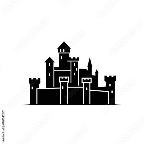 Silhouette of a Medieval Castle with Towers and Walls
