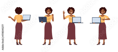 Business woman wear yellow shirt and long purple skirt, brown curly hair character vector illustration design set. Women using laptop and presentation.